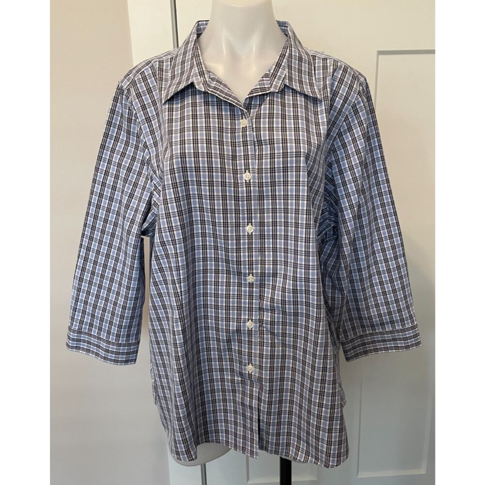 L L BEAN Womens Button TOP 3/4 Sleeve BLUE White PLAID Wrinkle Free Size 2X